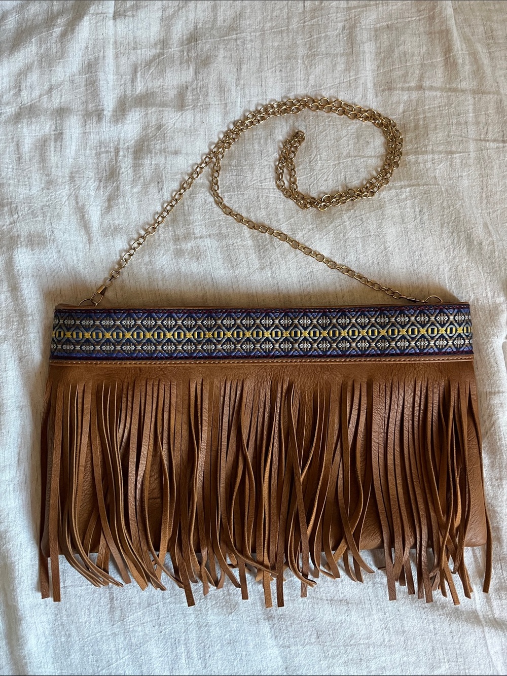 Faux Leather Fringe Crossbody Bag with Embroidered Trim, Like New
